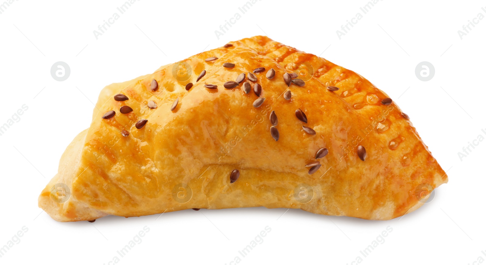 Photo of Fresh delicious puff pastry with cheese on white background