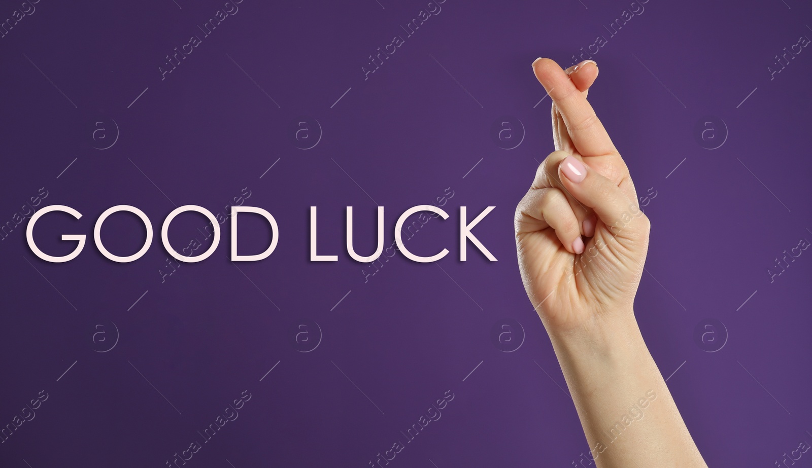 Image of Woman with crossed fingers on violet background, closeup. Good luck superstition