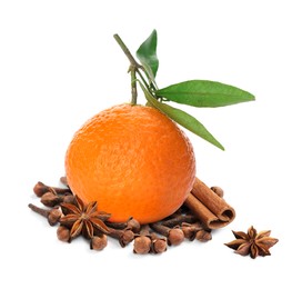 Fresh ripe tangerine, cloves, anises and cinnamon on white background