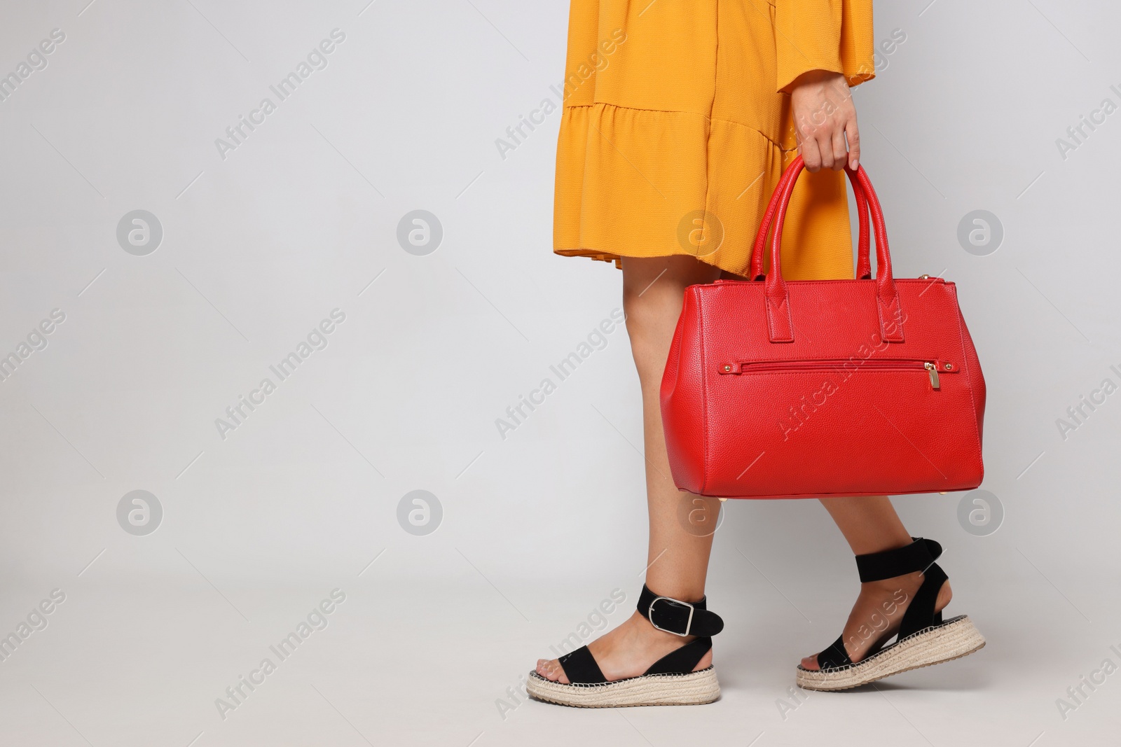 Photo of Young woman with stylish bag on white background, closeup