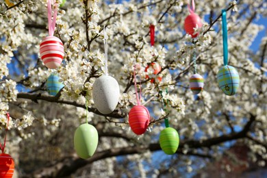 Beautifully painted Easter eggs hanging on blooming cherry tree outdoors