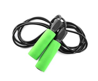 Photo of Black skipping rope on white background, top view. Sports equipment