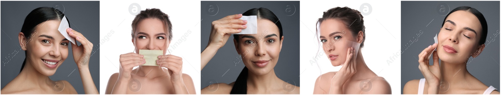 Collage with photos of beautiful women using mattifying wipes on different color backgrounds. Banner design Image of Collage with photos of beautiful women using mattifying wipes on different color backgrounds. Banner design