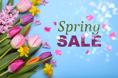 Image of Spring sale flyer design with text and beautiful flowers on light blue background, flat lay