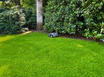 Photo of Modern robot lawn mower on green grass near bushes in garden