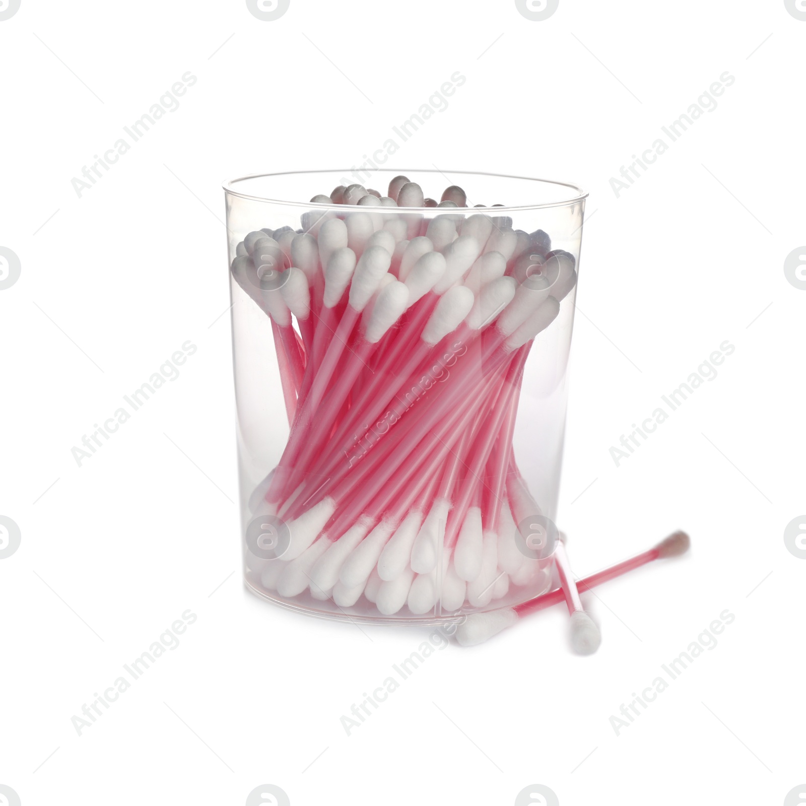 Photo of Plastic container with cotton swabs on white background