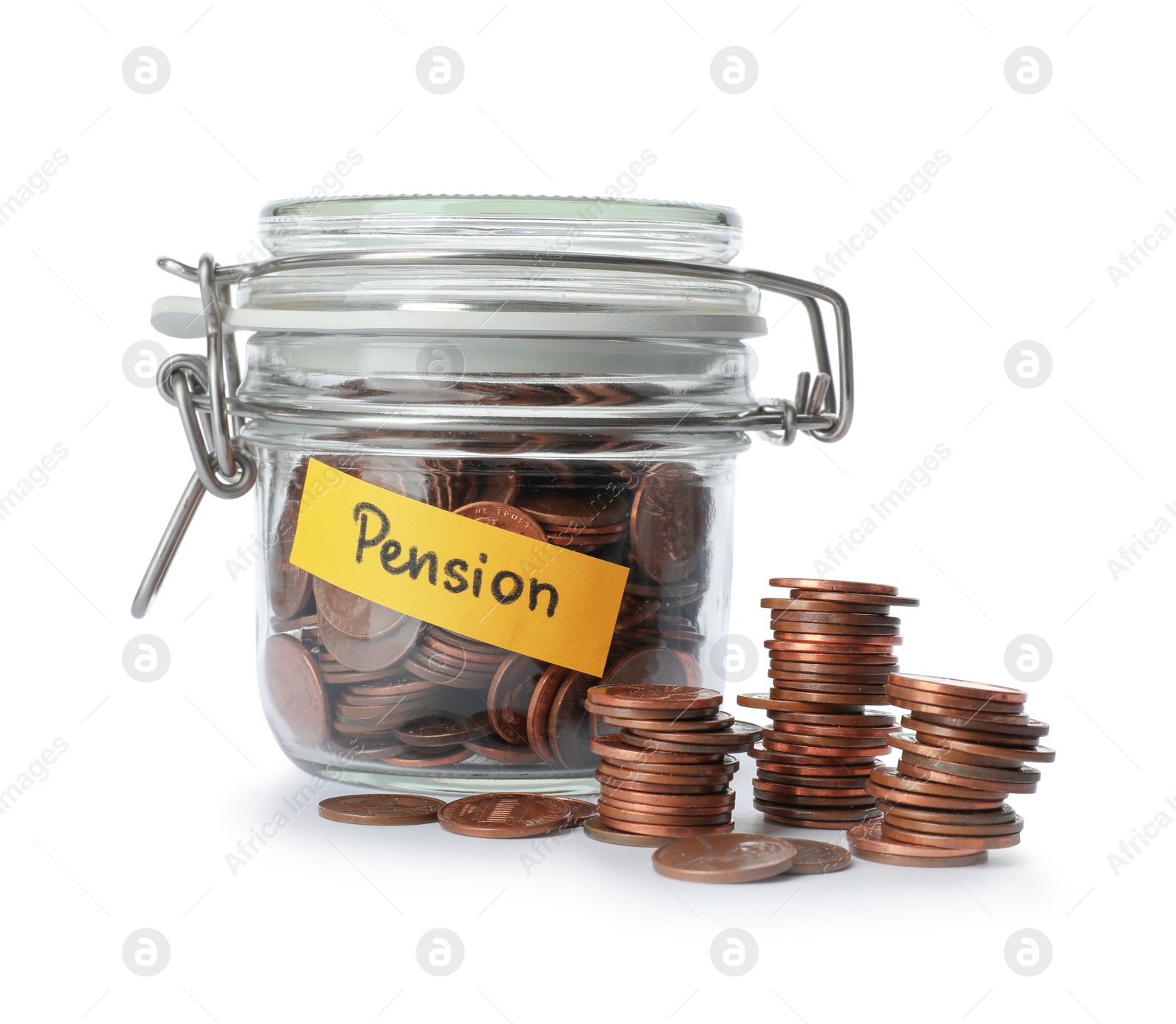 Photo of Coins in glass jar with label "PENSION" on white background