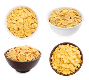 Image of Collage with tasty corn flakes in bowls on white background, top and side views