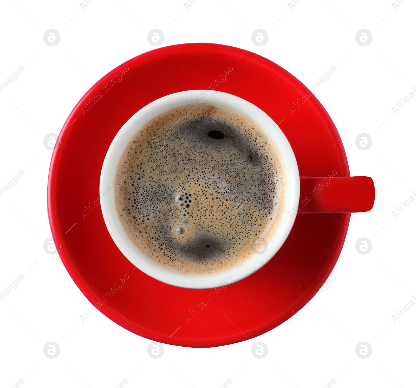Photo of Red cup with aromatic coffee isolated on white, top view