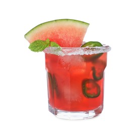Photo of Spicy watermelon cocktail with jalapeno and mint isolated on white