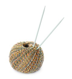 Photo of Soft colorful woolen yarn with knitting needles on white background