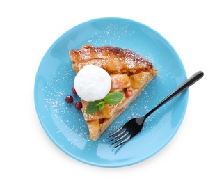 Photo of Slice of traditional apple pie with ice cream on white background, top view
