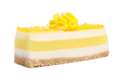 Photo of Piece of delicious cheesecake with lemon isolated on white