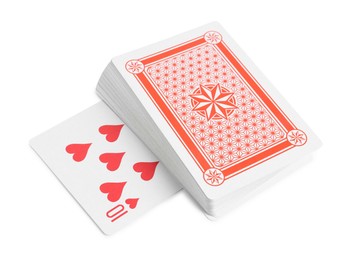 Photo of Playing cards and ten of hearts on white background