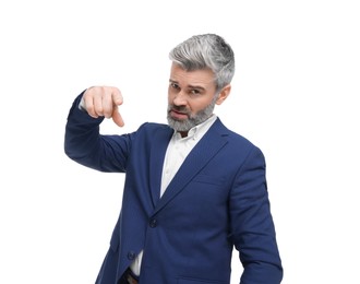 Photo of Mature businessman in stylish clothes posing on white background, low angle view