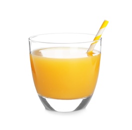 Photo of Glass of orange juice on white background