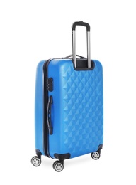 Photo of Blue suitcase for travelling on white background