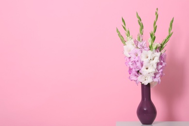 Photo of Vase with beautiful gladiolus flowers on wooden table against pink background. Space for text
