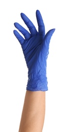 Photo of Woman in blue latex gloves on white background, closeup of hand