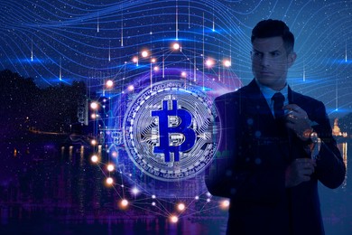 Image of Multiple exposure of bitcoin, businessman, schemes and night cityscape