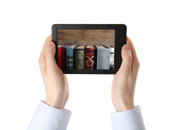 Image of Woman using e-book reader on white background, closeup