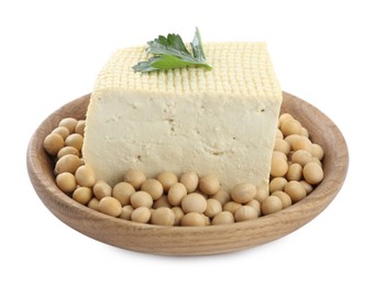 Photo of Piece of delicious tofu with parsley and soy on white background