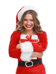 Beautiful Santa girl with Christmas gift on white background