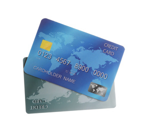 Photo of Different plastic credit cards on white background