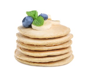 Photo of Tasty oatmeal pancakes and ingredients on white background