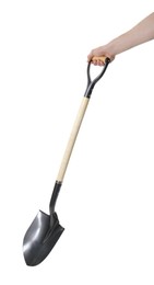 Photo of Man holding shovel on white background, closeup