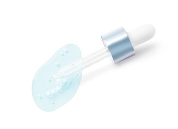 Image of Dropper with serum on white background, top view. Skin care product