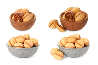 Image of Delicious nut shaped cookies with caramelized condensed milk isolated on white, collage design