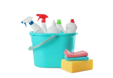 Photo of Plastic bucket and different cleaning supplies on white background
