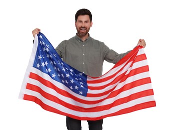 Image of 4th of July - Independence day of America. Happy man holding national flag of United States on white background