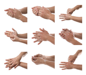 Image of Collage of people washing hands with soap on white background, closeup