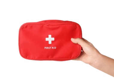 Photo of Woman holding first aid kit on white background