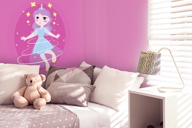 Image of Kid's room interior with comfortable bed near window. Pink wallpapers with princess