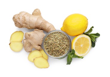 Photo of Ginger, lemon, dry herbs and fresh mint for cough treatment. Cold remedies on white background, top view