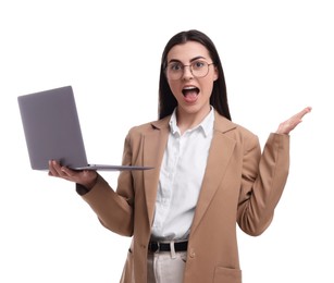 Photo of Beautiful emotional businesswoman with laptop on white background