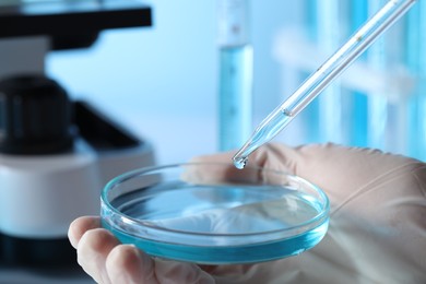 Photo of Scientist dripping liquid from pipette into petri dish in laboratory, closeup