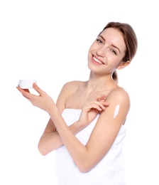 Photo of Young woman with jar of cream on white background. Beauty and body care