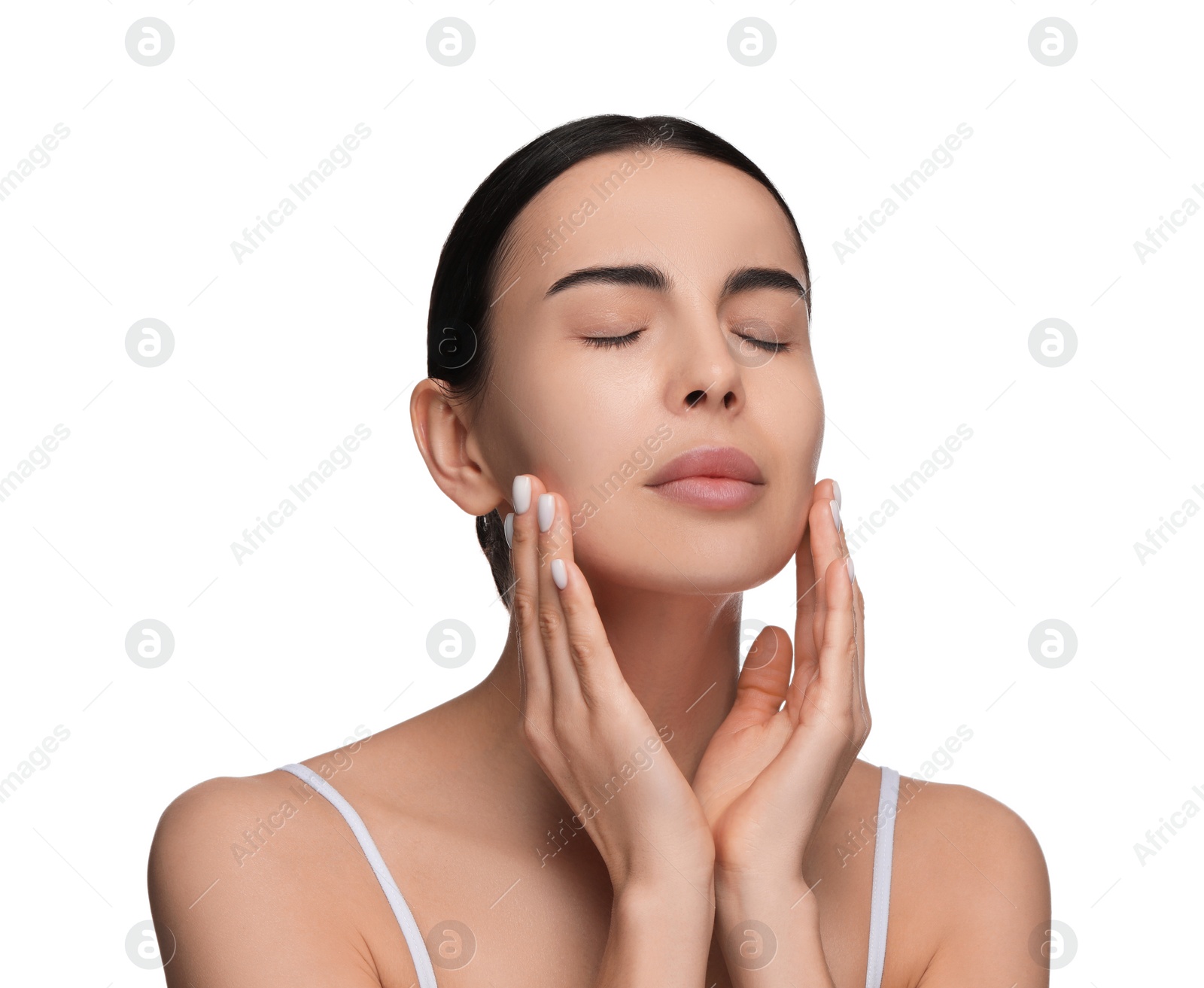 Photo of Woman with dry skin on white background