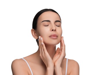 Woman with dry skin on white background