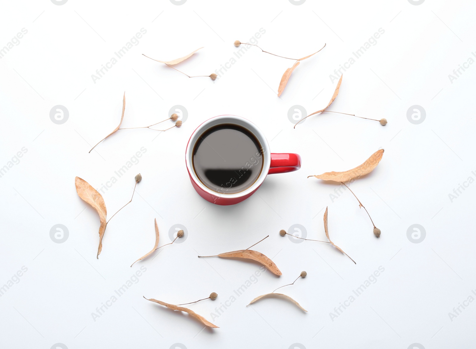 Photo of Composition with hot drink on white background, top view. Cozy autumn