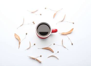 Photo of Composition with hot drink on white background, top view. Cozy autumn