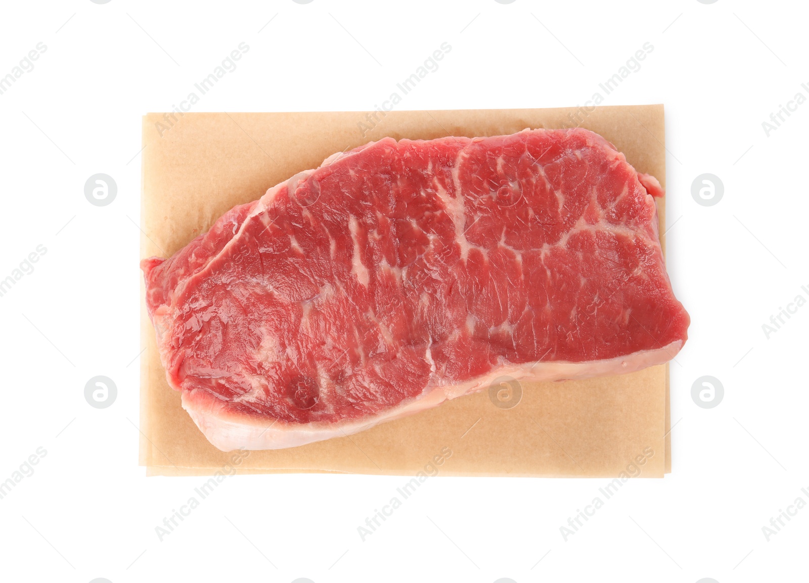 Photo of Steak of raw beef meat isolated on white, top view