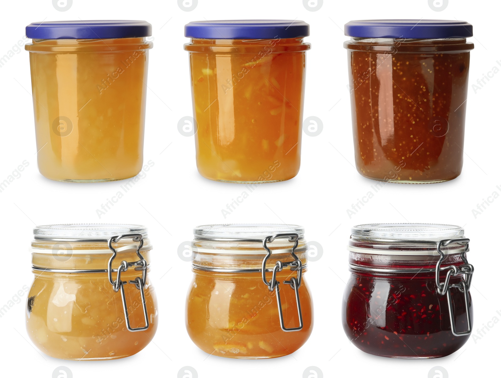 Image of Set of jars with delicious jams on white background