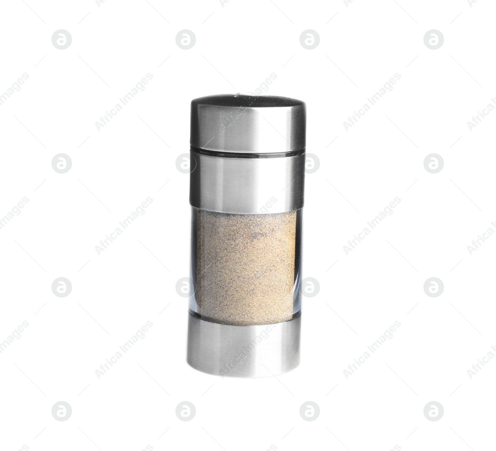 Photo of Grinder with ground pepper isolated on white