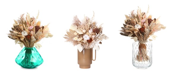 Image of Collage with dried flower bouquets in vases on white background. Banner design