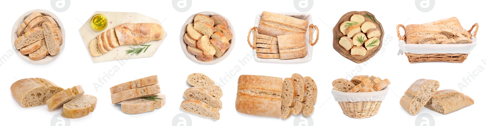 Image of Set with fresh delicious ciabattas on white background. Banner design